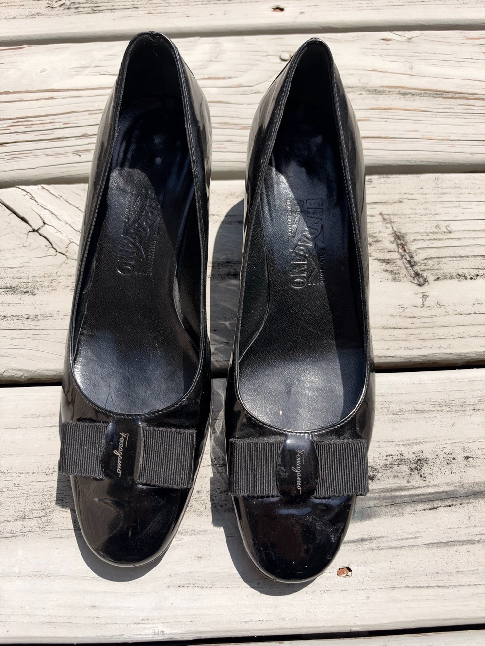 Salvatore Ferragamo Black Patent Leather Vara Bow Pumps